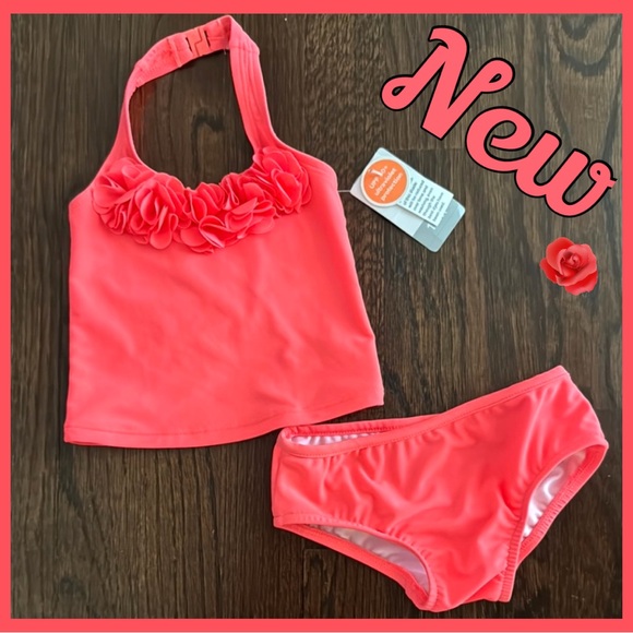 Other - NWT ~ Coral Ruffle Halter Girls Long Bikini Set~Sz 12mo ~ UPF 50+